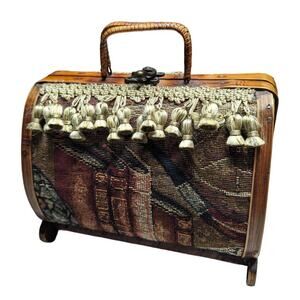 Vtg 1960s MCM Tapestry Fabric Covered Fringe Top Handle Latch Wooden Box Bag